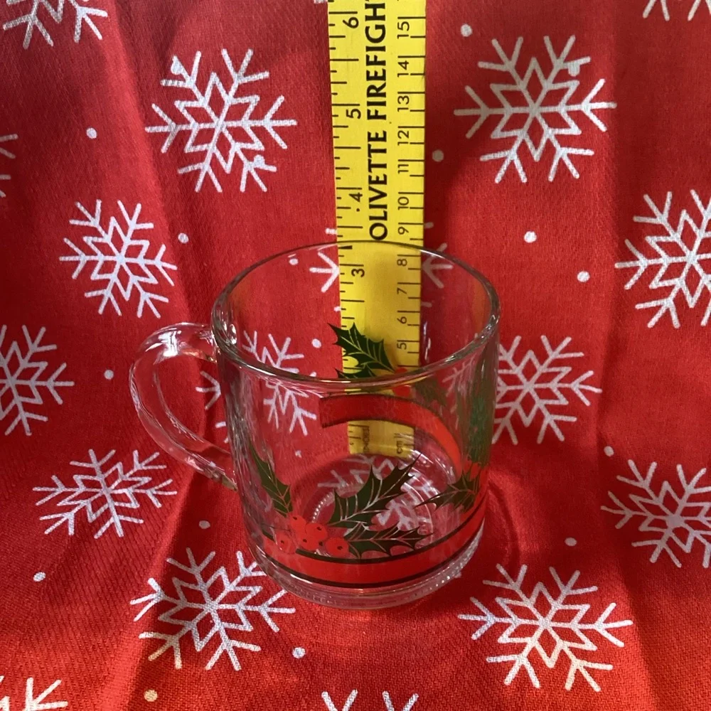 Holly Berry Mugs - set of 4 - clear glass with holly pattern
